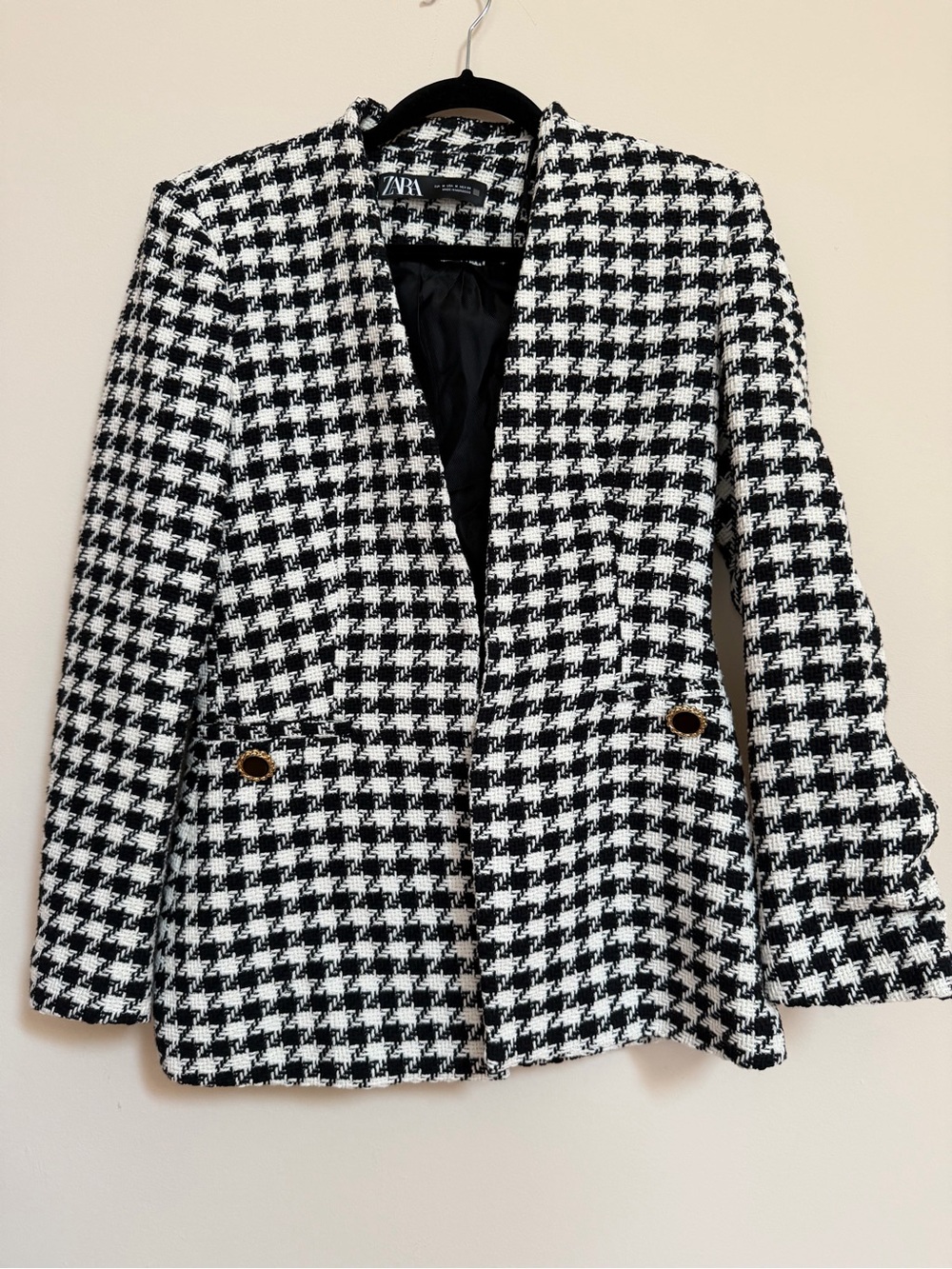 Zara Black & White Houndstooth Blazer Jacket with Gold Buttons